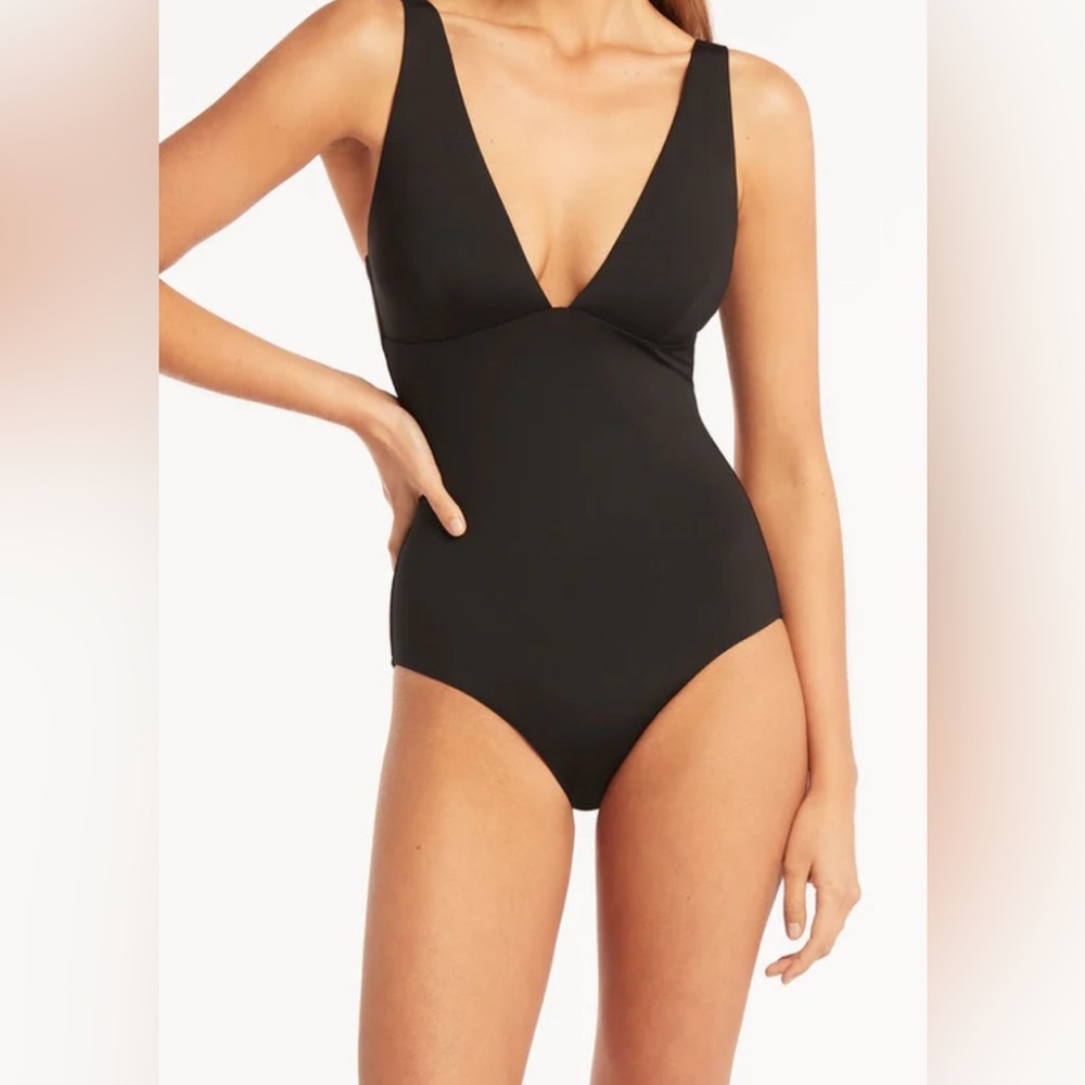 $119 NWT SEAFOLLY Seafolly Longline  Tri BLK SWIMSUIT SZ 8